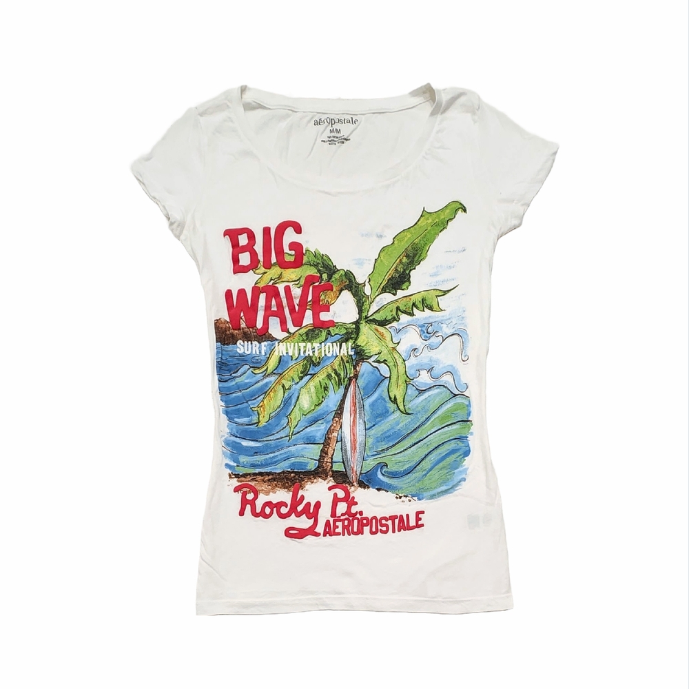 Aeropostale White Short Sleeve Graphic Tee Tshirt Big Wave Tropical Surf Palm M
